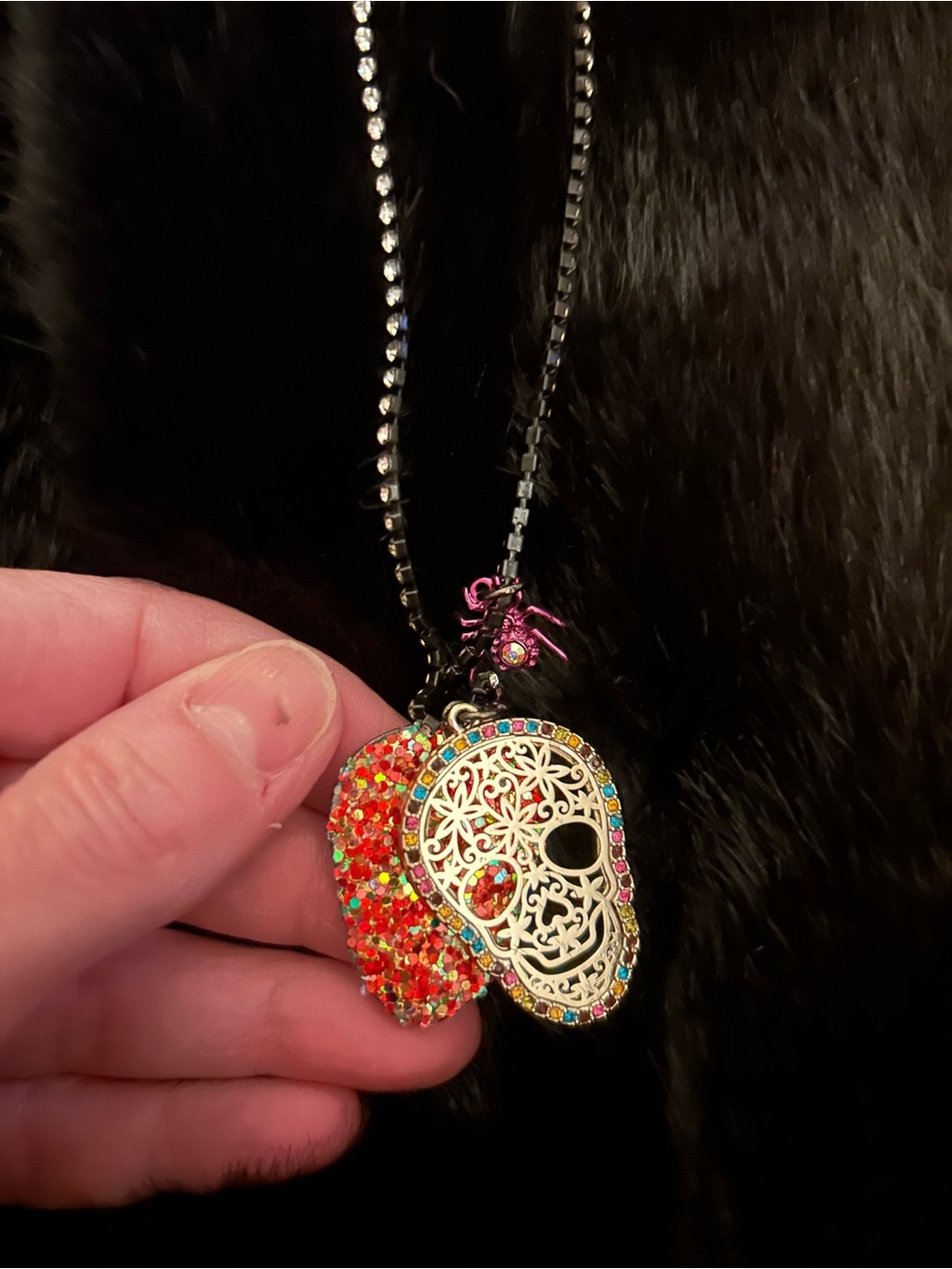 Betsey Johnson Multicolor Crystal Sugar Skull Pendant Necklace